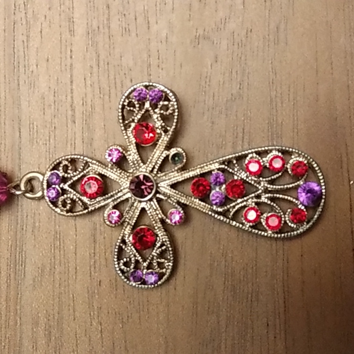 Pretty Medium Gold Colored Cross W Pink And Ruby Rhinestons....On Chain